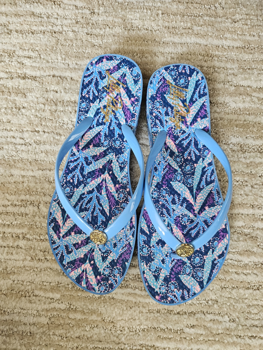 Lilly Pulitzer Blue Multi Tropical Print Flip Flops Size 9/10
